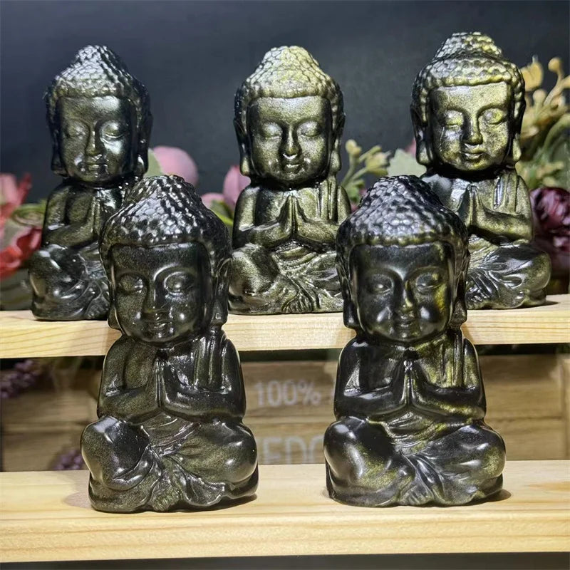 Kindfull 80mm Crystal Buddha Healing Stone Carving Gold Obsidian Buddha for Decoration