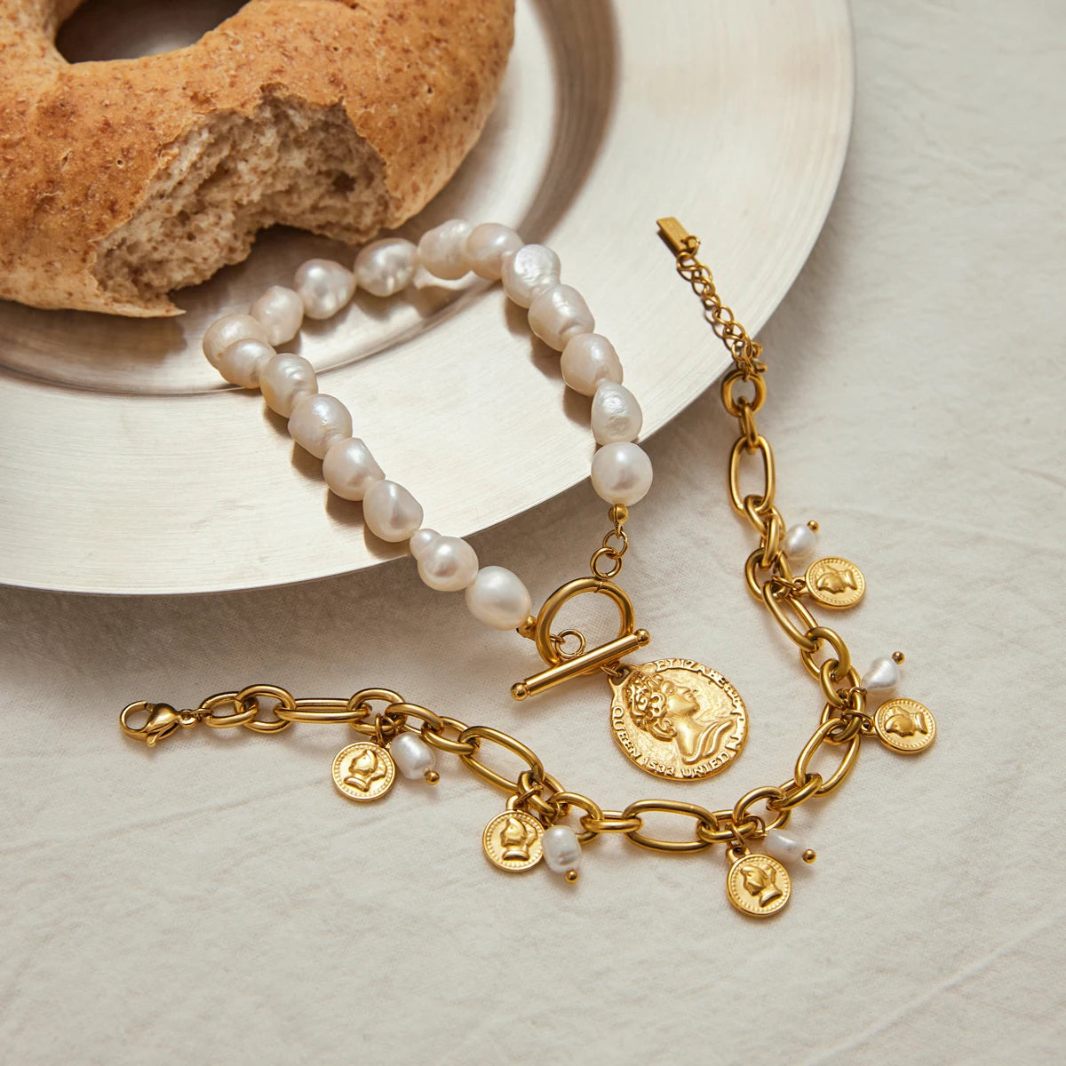 J&D 18k Gold Plated Holiday Style Elegant Freshwater Pearl Round Coin Pendant OT Clasp Toggle Bracelets