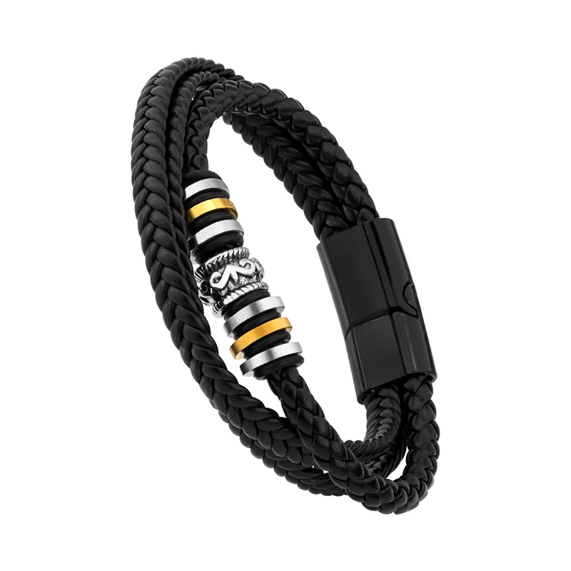Daili Handmade Woven Leather Zinc Alloy Polished Classic Style Charm Bracelet Men Multi-Circle Black Jewelry Certified Wholesale