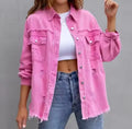 Multi Color Pink Orange Red Women Long Sleeve Tassel Solid Washed Tops Fashion Loose Turn-down Collar Denim Jacket Coat Outwear