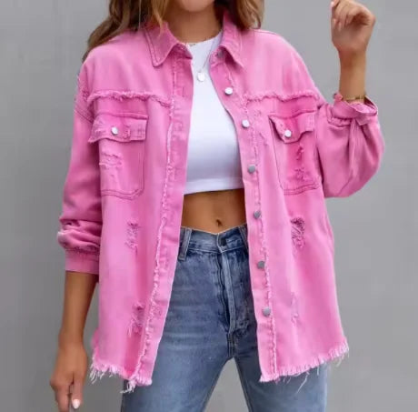 Multi Color Pink Orange Red Women Long Sleeve Tassel Solid Washed Tops Fashion Loose Turn-down Collar Denim Jacket Coat Outwear