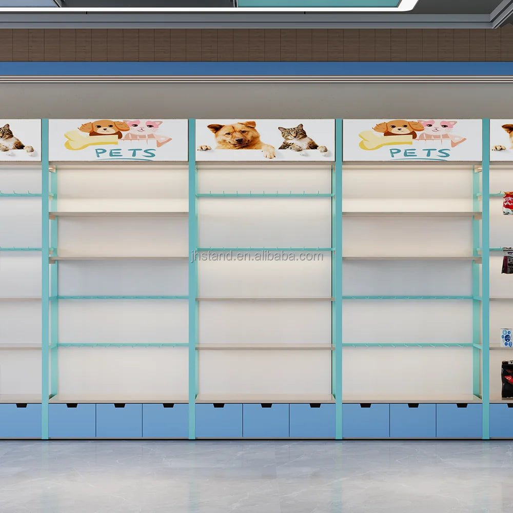 Supermarket Retail Pet Food Toys Shop Display Shelves Snake Counter Popup Store Lovely Blue Color for Pets Supermarket Display