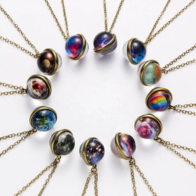Personality Galaxy Nebula Universe Glow-In-The Dark Double Sided Glass Pendant Necklace Clavicle Chain