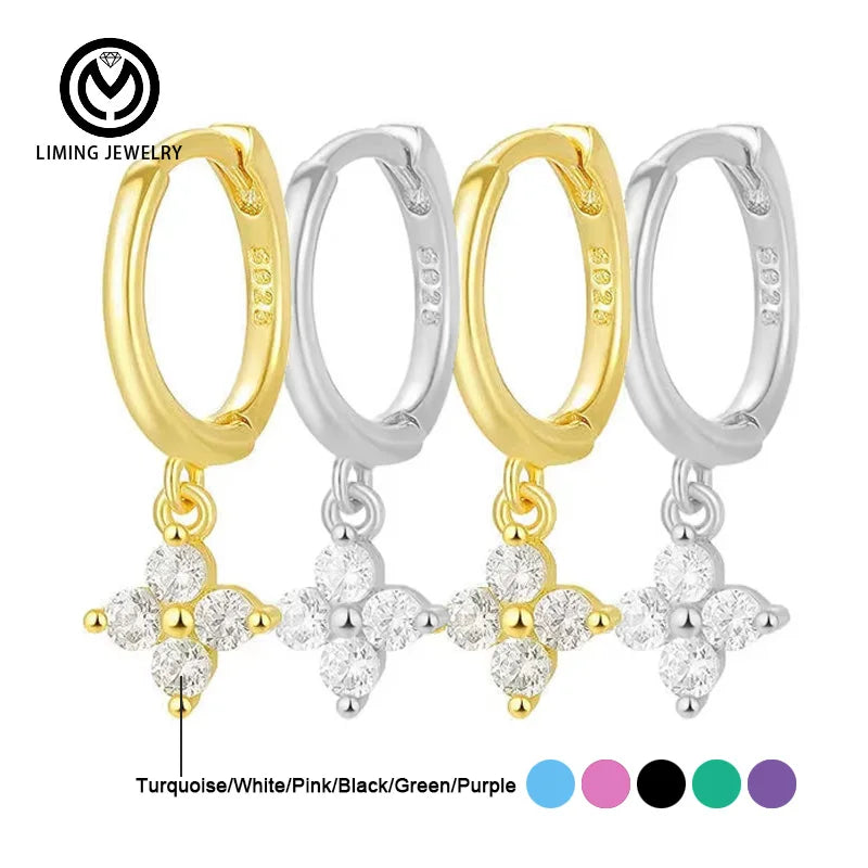 GE128 Classic Fashion Summer Fine Jewelry 925 Sterling Silver Lucky Zircon Four Leaf Clover Flower Hoop Drop Earrings for Women