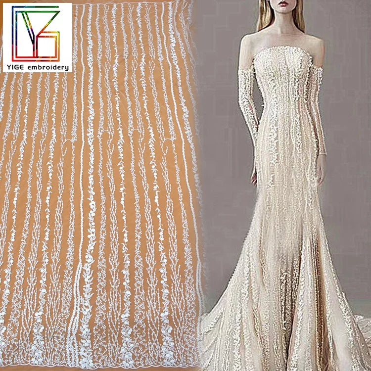 Hot Sale White French 3d Beaded Sequins Lace Fabric Luxury Wedding Bridal Tulle Mesh Embroidery Lace Fabric for Dresses Women