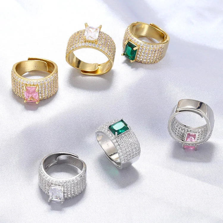 RM1608 Chunky Wide 18K Gold Petite Iced Out Diamond CZ Baguette Rings Engagement Ring Gift for Her