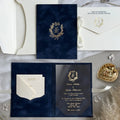 Luxury Unique Blue Folio Mariage Invitation Card Acrylic Wedding Velvet Pocket Envelope for Quinceanera Party