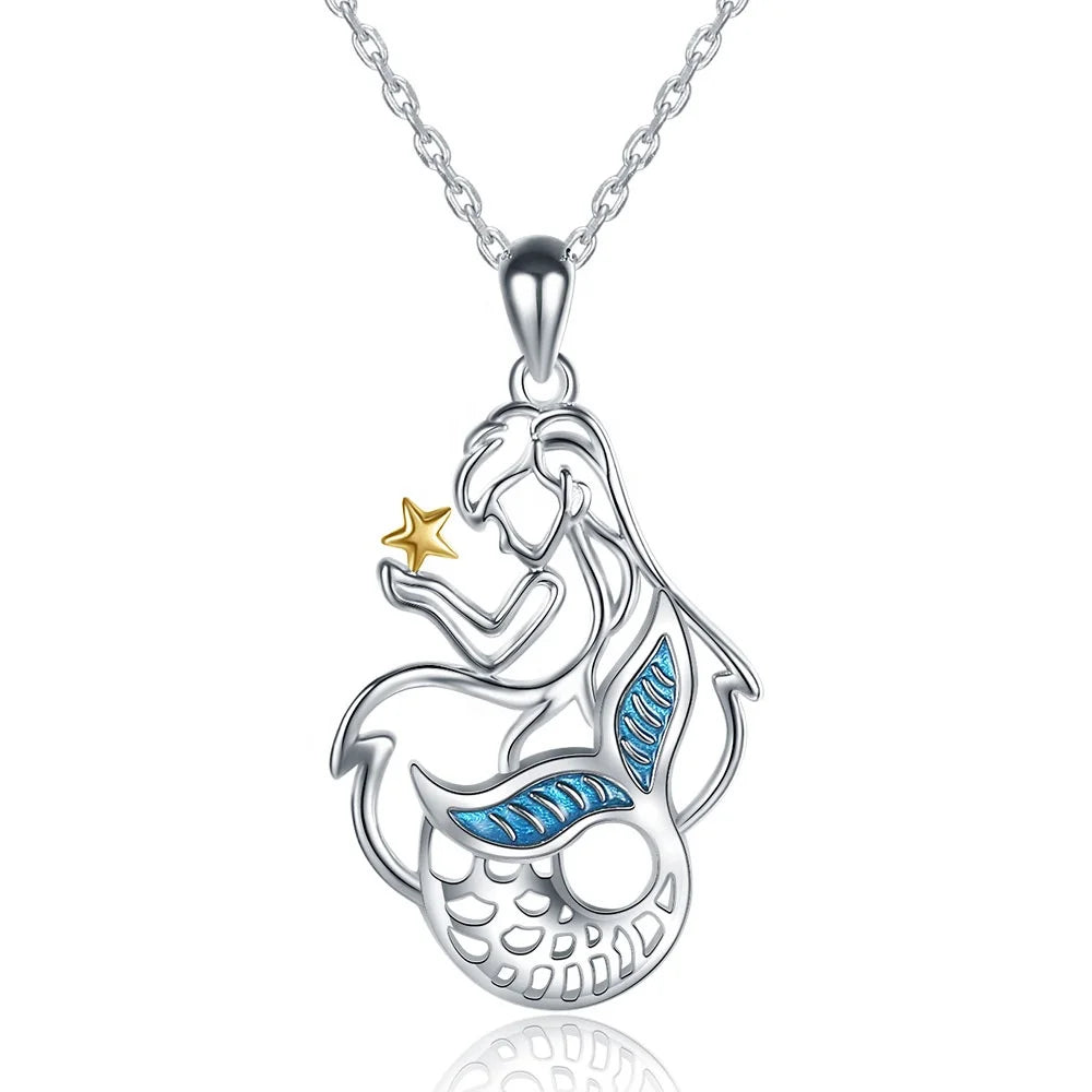 GP63 Trendy 925 Sterling Silver Beautiful Mermaid Pendant Chain Enamel Star Fishtail Necklace for Women Ocean Fine Jewelry Gift