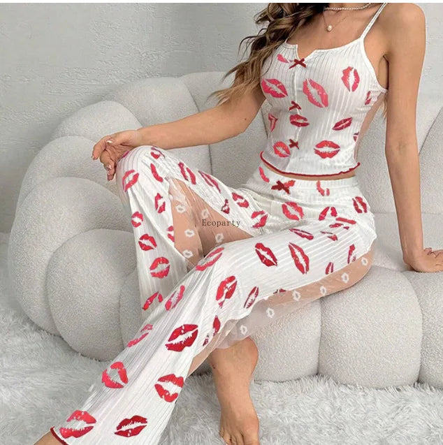 New Custom Pajamas Set for Women 2pcs Print Sleepwear Sexy Transparent Lace Homewear Lounge Clothes