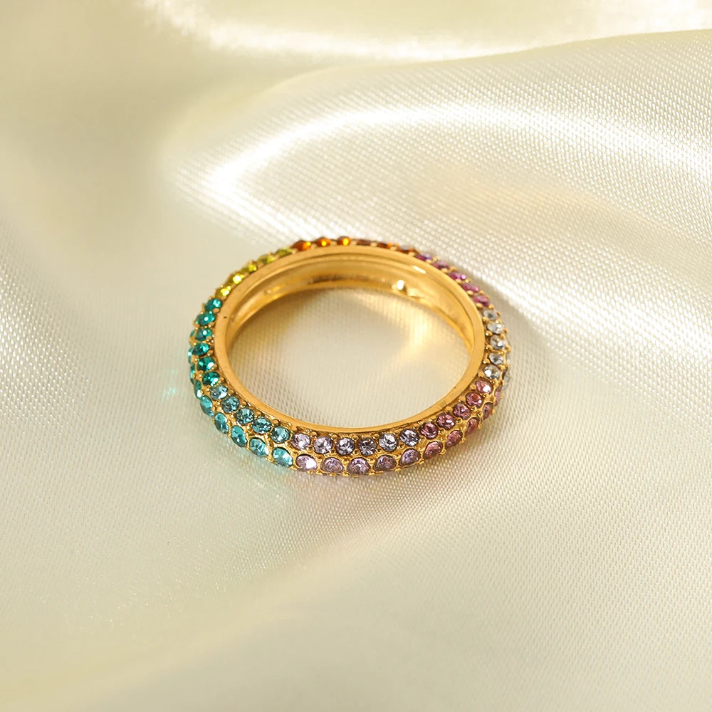 High Quality Luxury Stainless Steel 18K Gold Plated Colorful Full Cubic Zircon Finger Rings Waterproof Jewelry