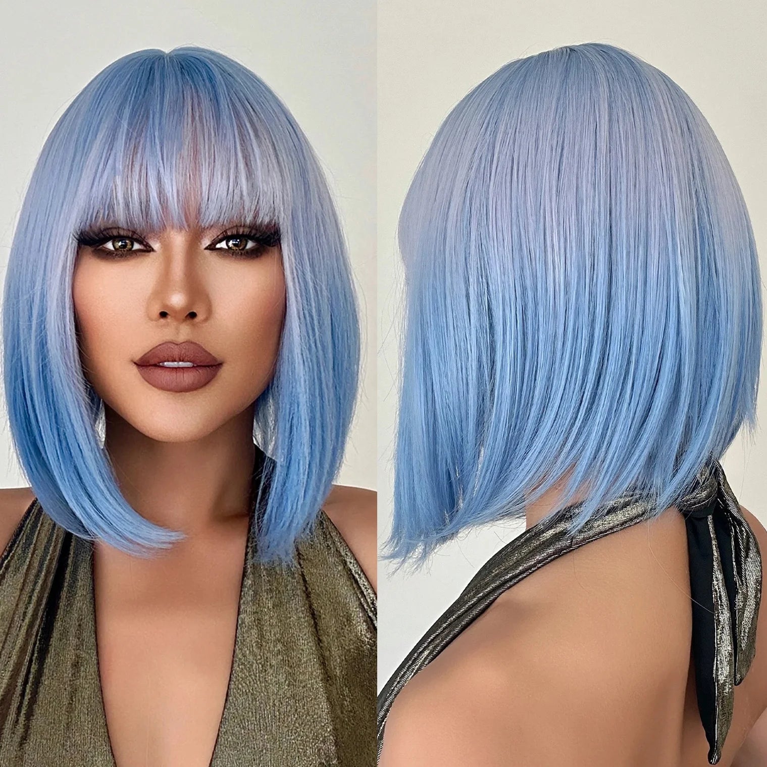 Factory Stock Short Blue White Ombre Straight Synthetic Hair With Bangs Short Bob Cosplay Wig for Women Daily Heat Resistant