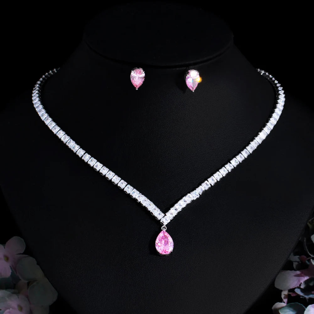 Elegant Shiny Pink Cubic Zirconia Stone Female Gift Wedding Engagement Party Necklace Bridal Jewelry Sets with Wholesale Price