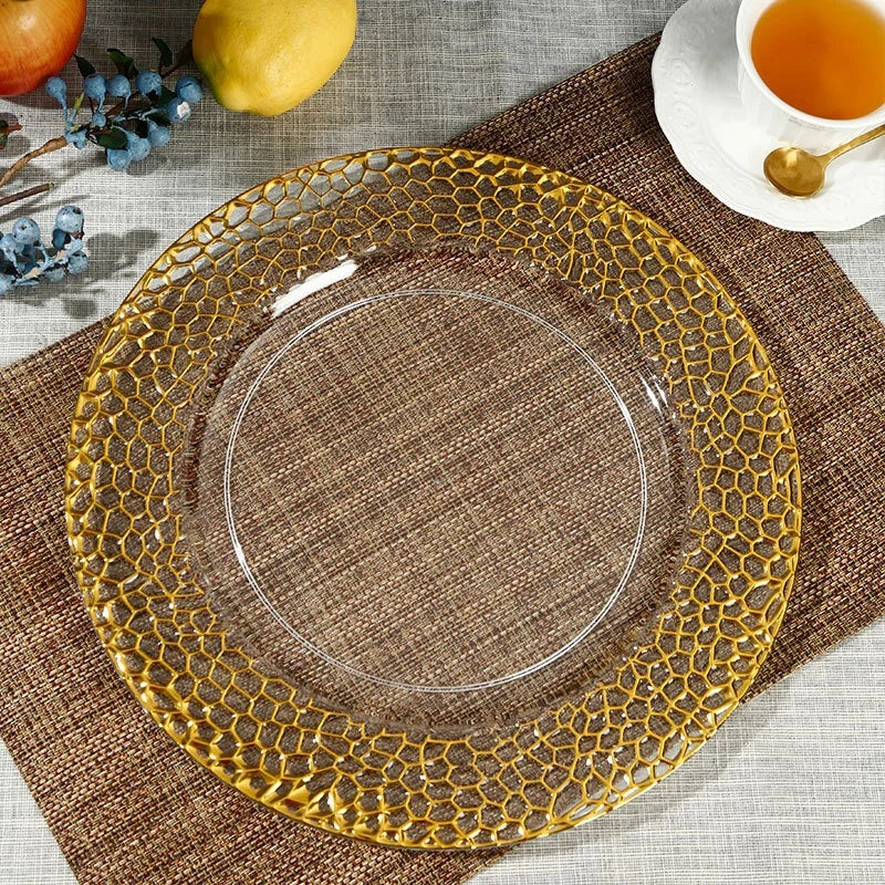 Clear Acrylic Charger Plates with Gold Hammered Rim Wholesale 13" Round Plastic Decorative Serving Plates