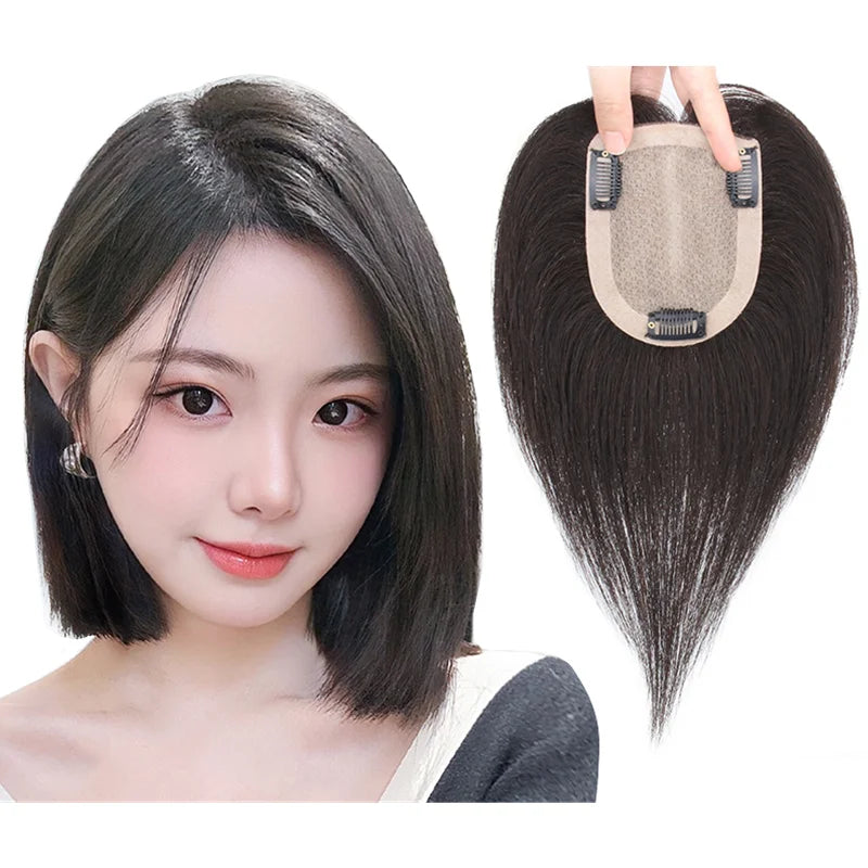 Wig Cover White Hair Topper Double Needles Transfer Wig Female Top Hairpiece Fluffy Natural Black Human Hair Topper
