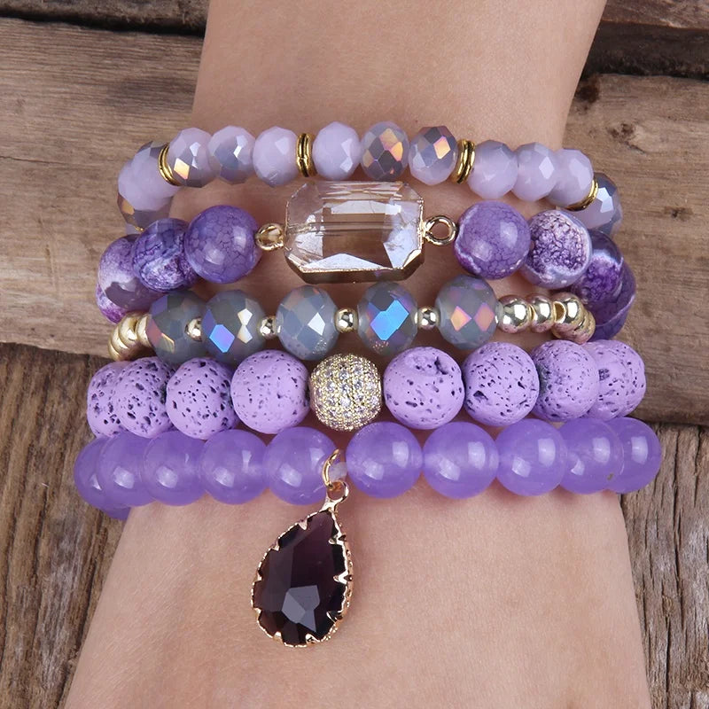 Fashion Customized Bracelet Jewelry 5pcs Natural Gemstone Purple Lava Amythst Crystal Glass Elastic Stack Bracelet Set