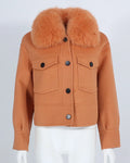 OFTBUY 2023 New Fashion Women Solid Color High Waist Slim Short Wool Blends Jacket Big Pockets Mink Fur Collar Short Boxy Jacket