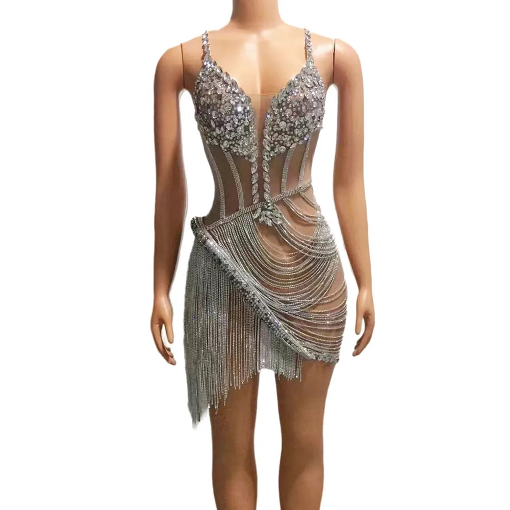 Luxury Diamonds Tassels Sexy Tube Top Ceremony Dress Mini Dress Evening Party Birthday Dresses