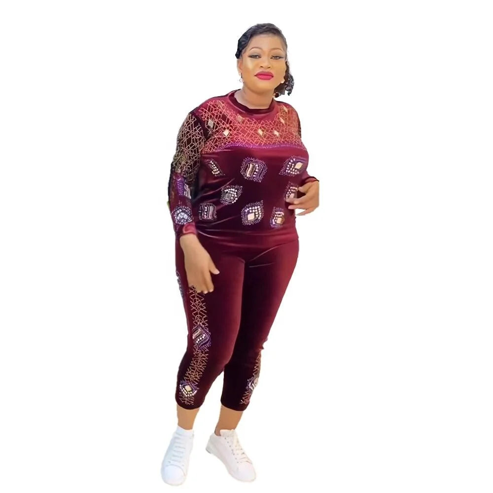 Women's Casual Fashion Polyester Suit Customized African Outfit with Rhinestone for Daily Wear or Special Occasions