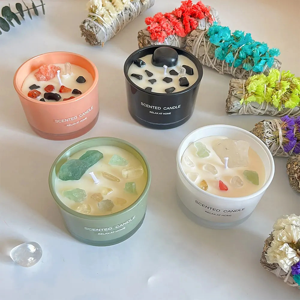 Soy Wax Essential Oils Cotton Wick Aromatherapy Candles With Healing Crystals Spiritual Gift for Women Meditation Glass Candle
