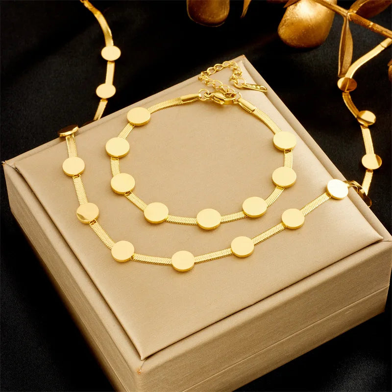 Nabest 18k Gold Plated Women Circle Tags Charm Necklace Bracelet Jewelry Stainless Steel Snake Chain Jewelry Sets