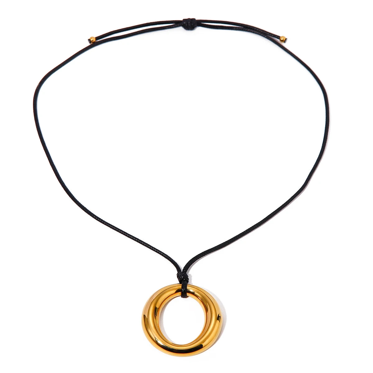 J&D Hollow Round Pendant Necklace 18K Gold Silver Plated Stainless Steel Black Rope Drop Necklace for Women