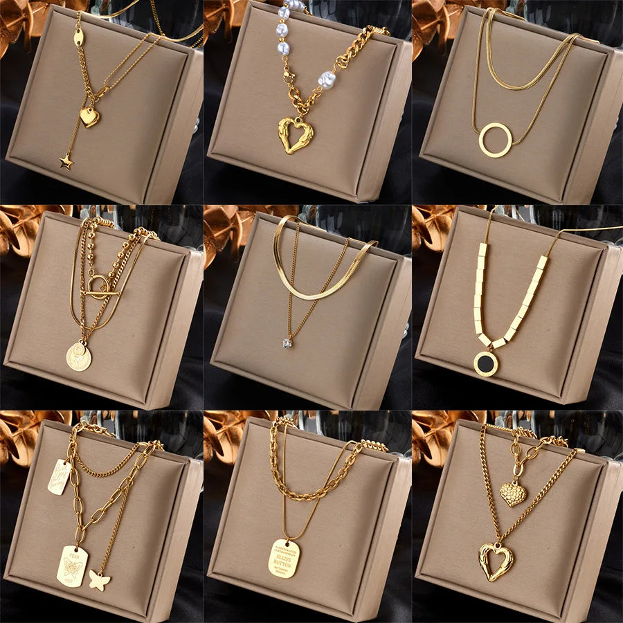 New Stainless Steel Gold Color Multilayer Necklace for Women Hip Hop Punk Street Trend Chain Choker Girls Jewelry Gift (KSS494)