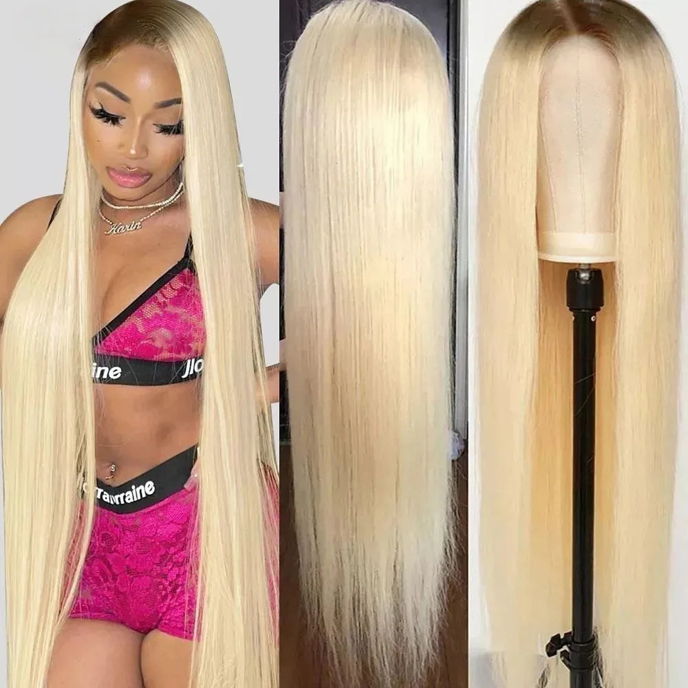 Glueless Wigs Human Hair 180% Density 30 32 34 Inch Blonde Wig with Dark Roots Full Lace Ombre 1b613 Human Hair Wigs