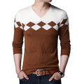 10% OFF M-3XL  Autumn Men's Knitwear Colorblock V-Neck Long Sleeve Shirt Sweater Fashion Men's Pullover Bottoming Shirt Top