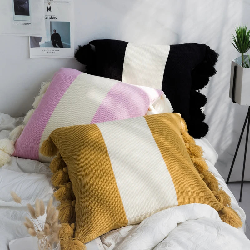NK Soft Warm Morocco Bohemian Tufted 100% Cotton Knitted Throw Pillow Case for Sofa Bed