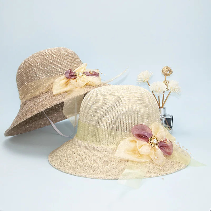 MIO Fashion Bow Lace Pearl Visor Sun Hat Women Summer Wide Brim Straw Hat Outdoor Holiday UV Protection Beach Bucket Hat