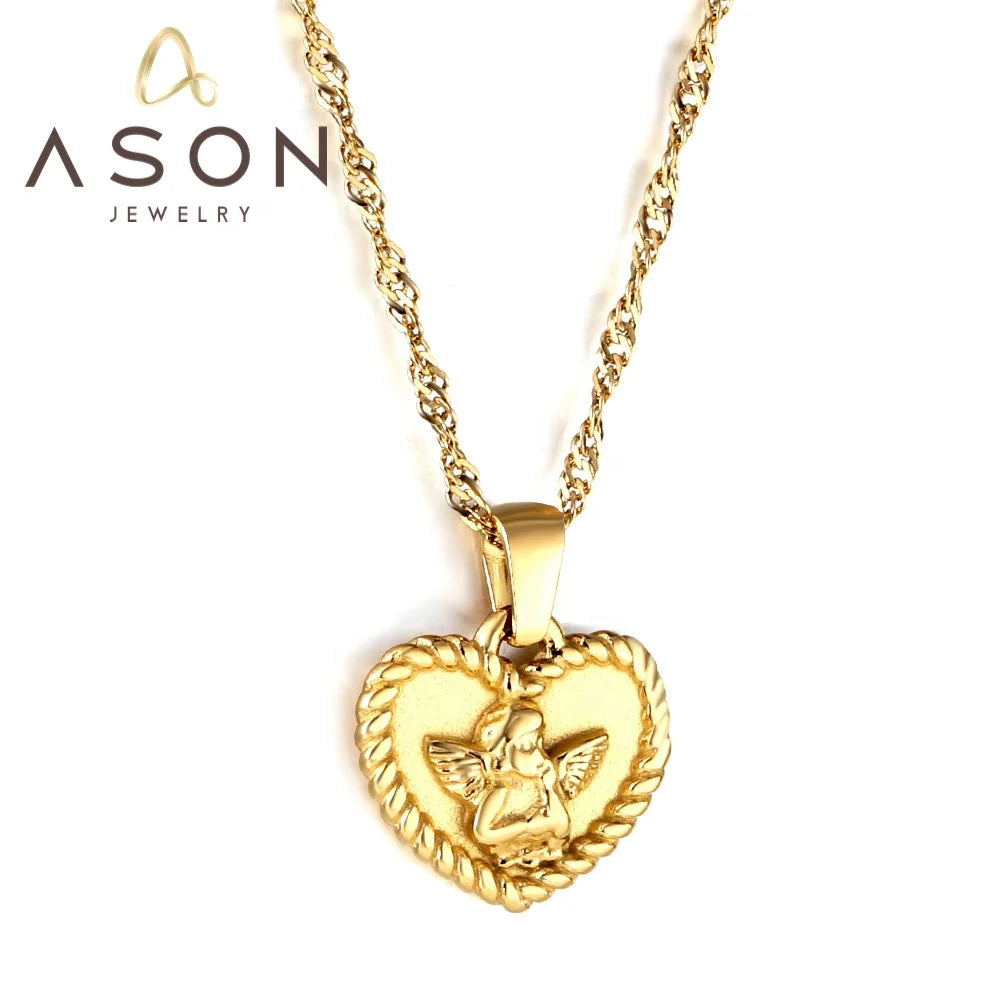 Ason New Fashion Gold Color Charm Party Jewelry Necklace Wholesale Stainless Steel Heart with Angel Pendant Necklace for Women
