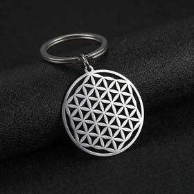 Flower Stainless Steel Charms Key Chain the Seed of Life Buddhist Key Ring for Women Men