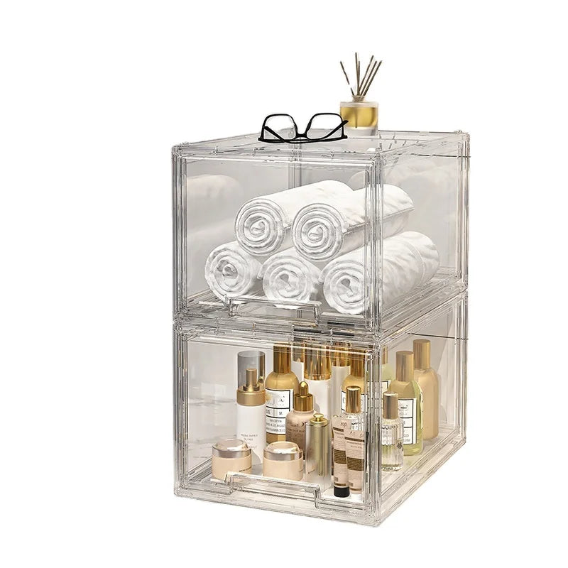 OWNSWING Plastic Bathroom Organizer Cosmetic Storage Box for Vanity Stackable Makeup Organizer With Drawers
