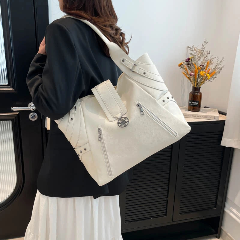 2025 New Arrival Women's Synthetic Leather Tote Bag Double Front Zipper Design Rivet Stylish Handbags