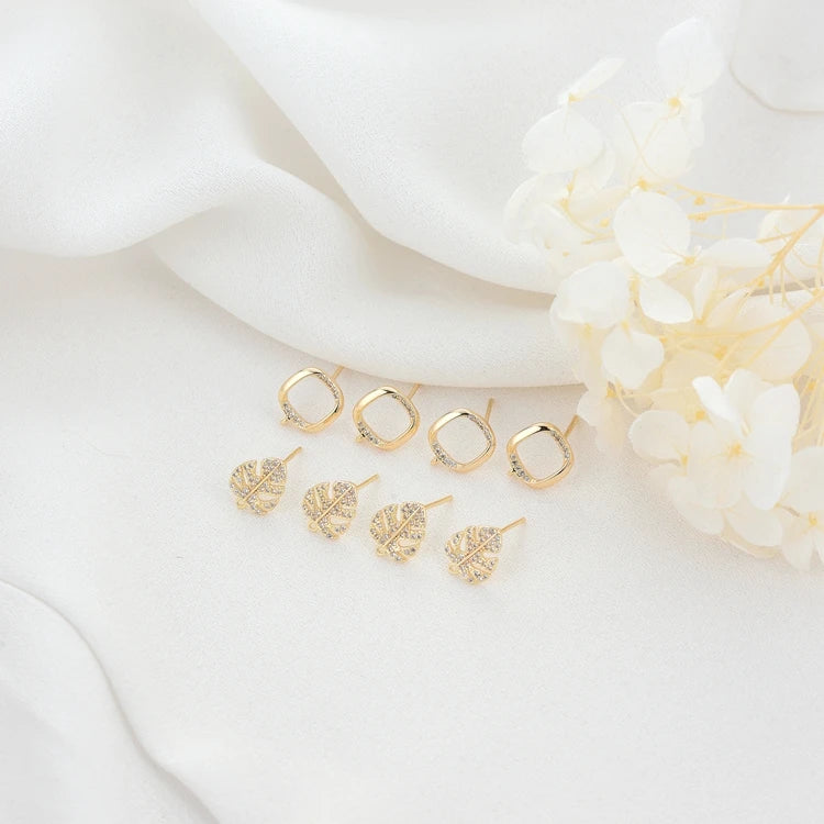 New Style 14K Gold Plated Inlaid Zircon Leaf Shape Square Shape Stud Earrings