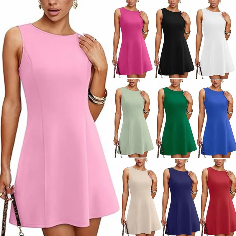 2026 New Arrival Women's Sleeveless Round Neck Mini Dress Solid Color A-Line Club Party Cocktail Dress Wholesale