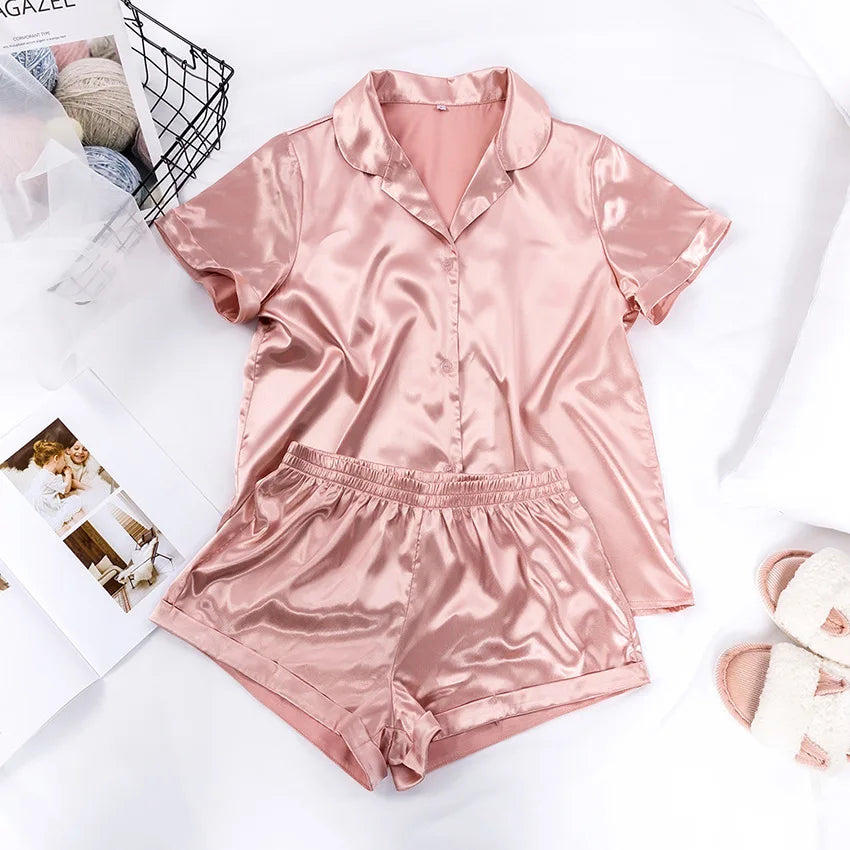 Custom Satin Women Girls Pajamas Short Sleeve Ladies Satin Pajamas Set Unisex Short Satin Pjs