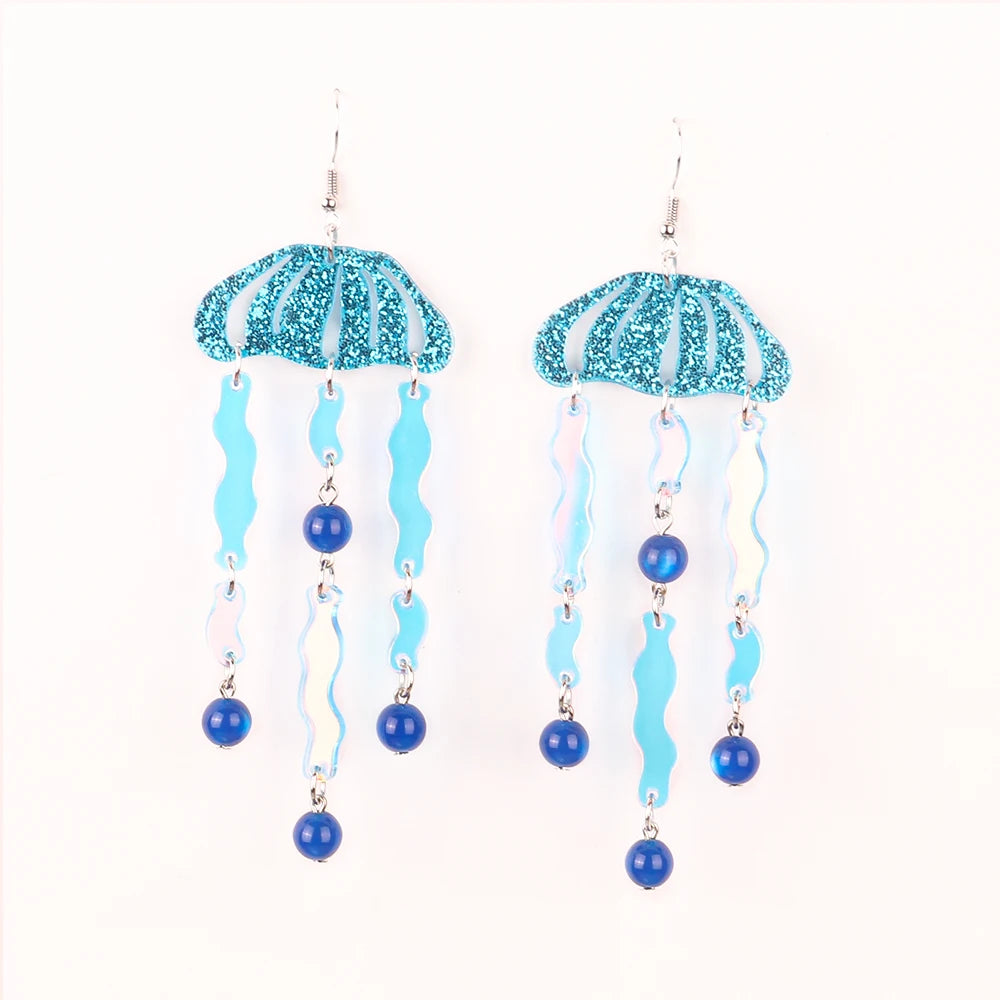 Creative New Personality Blue Beads Cute Jellyfish Magic Glitter Acrylic Earrings Elegant Fairy Long Earrings for Women Girls