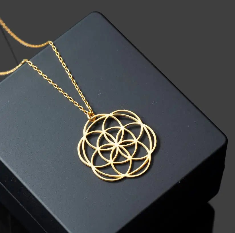 High Polished Stainless Steel Circle Mandala Seed of Life JewelrySacred Geometry Yoga Inspired Necklace for Women
