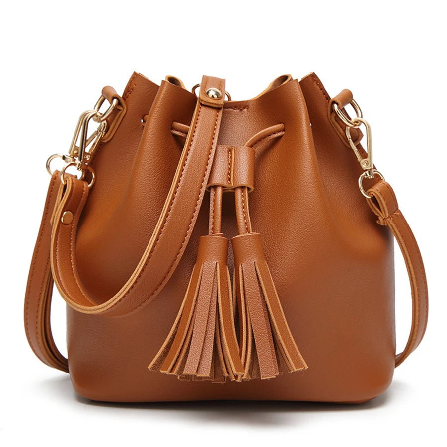 Women's Crossbody PU Leather Handbag with Tassel String Pocket Fashionable Bucket Style Featuring Custom OEM Design and Wallets