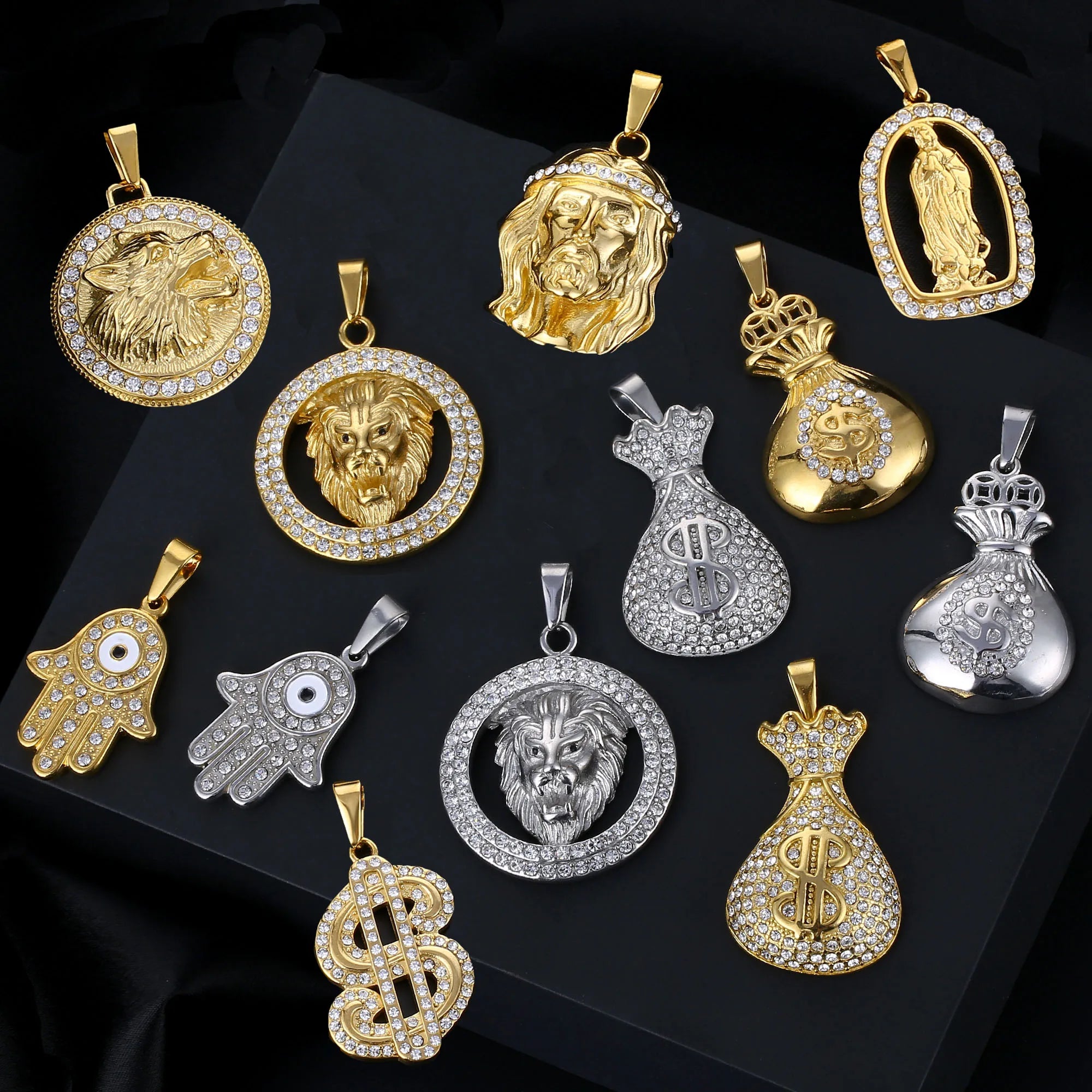Crystal Punk Animal Lion Pendant Hamsa Men Iced Out Dollar Money Bag Necklace Stainless Steel Virgin Mary Jesus Pendant