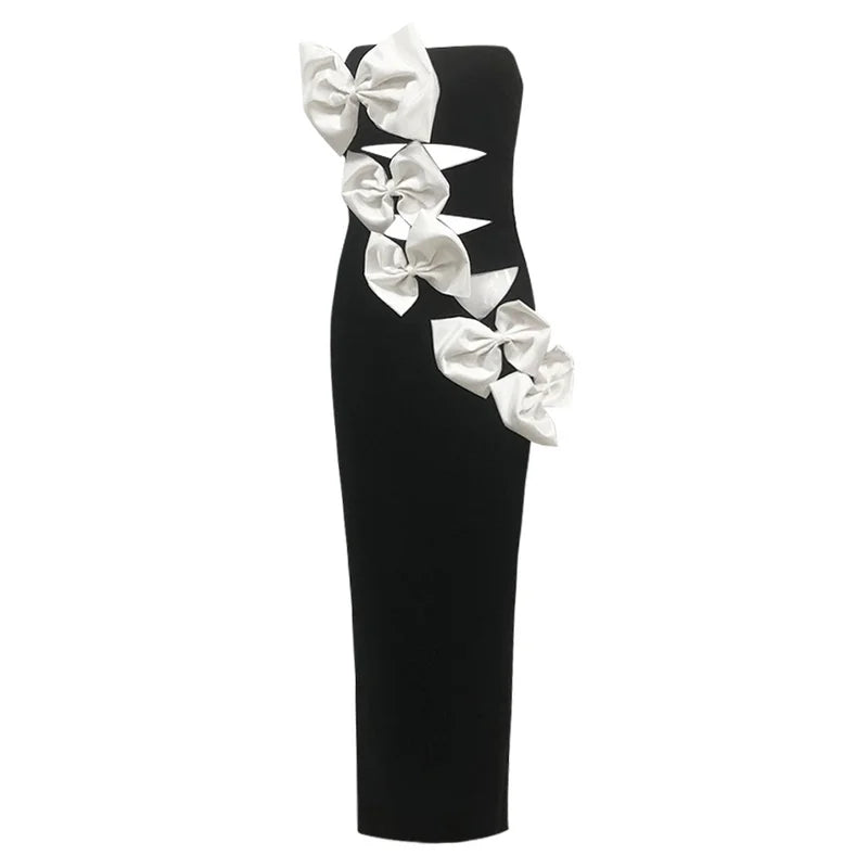 C3693 European and American Style Elegant Evening Black Strapless Bow Patchwork Bandage Hollow Out Bodycon Women Maxi Dresses