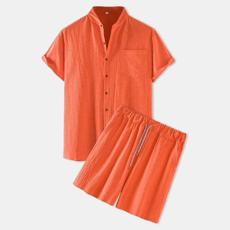 S-2XL New Men's Cotton+linen Short-sleeved Shirt Set Solid Color Simple Loose Large Size Solid Color Shorts 2-piece Set