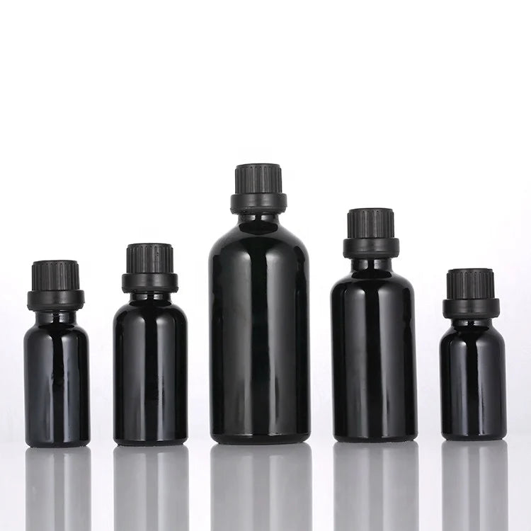 Black Glass Essential Oil Bottle 5 ml 10 ml 15 ml 30 ml Empty Cosmetic Bottle 50 ml 100 ml with Tamper-proof Plastic Cap