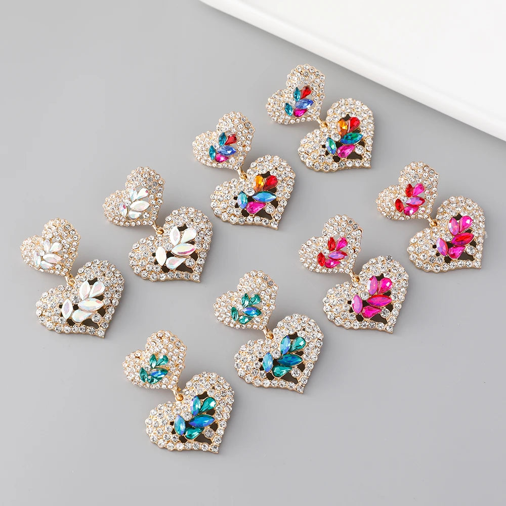 Hot Sale in America Gold Plated 2-Layer Crystal Heart Hanging Earrings for Women Bling Rhinestone Love Heart Dangling Jewelry