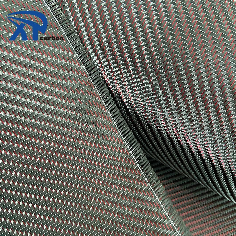 Silver Red Wire Mixed With Carbon Fiber Twill Plain Weave Metallic Thread Fabric