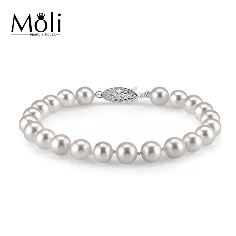 Nice Luster 7-8mm White Round Beaded Pearl Bracelet with Sterling Silver Clasp Rose Gold Plated AAAAA Grade