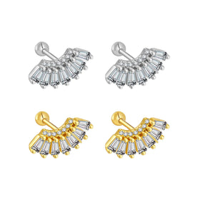 FUAMAY Classic Sterling Earrings Silver Screw on Stud Earrings Fan Shape Multi Baguette Ball Gold Plated Sterling Silver Jewelry