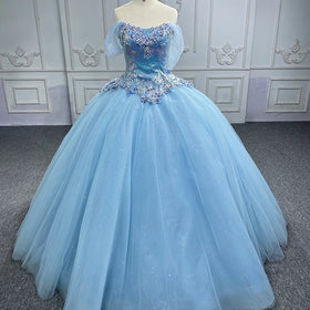 Light Blue Off the Shoulder Quinceanera Dress Ball Gown 3D Floral Appliques Lace Corset Sweet 16 6609