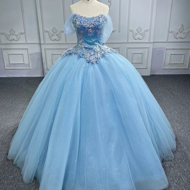 Light Blue Off the Shoulder Quinceanera Dress Ball Gown 3D Floral Appliques Lace Corset Sweet 16 6609